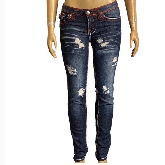 Y2K True religion Jeans Urban Cow Bill Big T Distress Skinny green Blue Size 28 - Picture 2 of 16